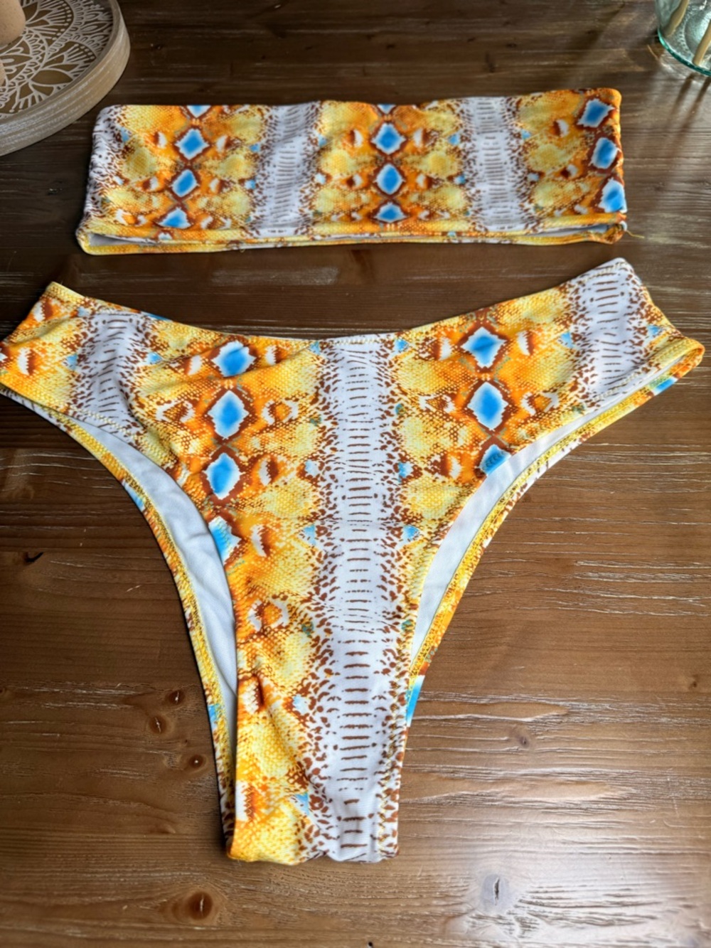 Amazon Yellow Orange Blue Patterned Bandeau Bikini Set - Picture 6 of 10